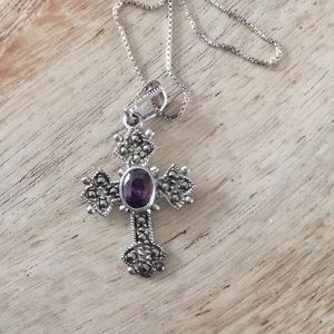 Sterling and amethyst cross pendant on box chain
